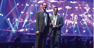 Shown on stage is Mike DePasqua, Territory Manager Beam Suntory and Marco Pelliccio, State Manager Beam Suntory at the Justin Timberlake concert.