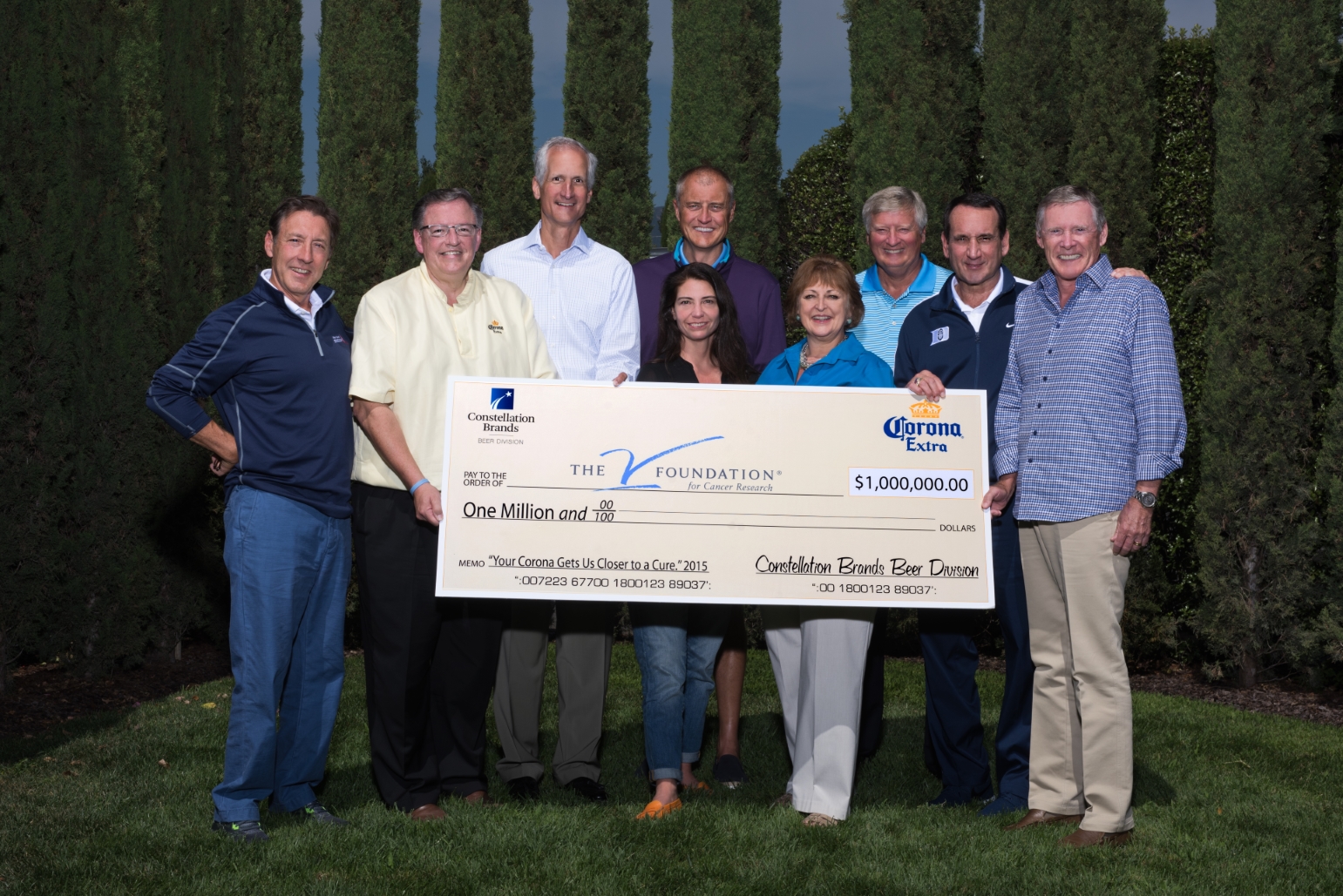 Constellation Brands’ Senior Vice President of Corporate Affairs, Jim Ryan (attached photo, second from left), and Howard Young (third from left), President of General Wholesale Beer Company in Atlanta, Ga., presented a check in the amount of $1,000,000 to members of the board of directors from The V Foundation for Cancer Research. Featured in the photo are Chief Executive Officer of The V Foundation, Susan Braun (third from right), and Mike Krzyzewski (second from right), head coach of the Duke Blue Devils men's basketball team and close friend of the late Jim Valvano. 