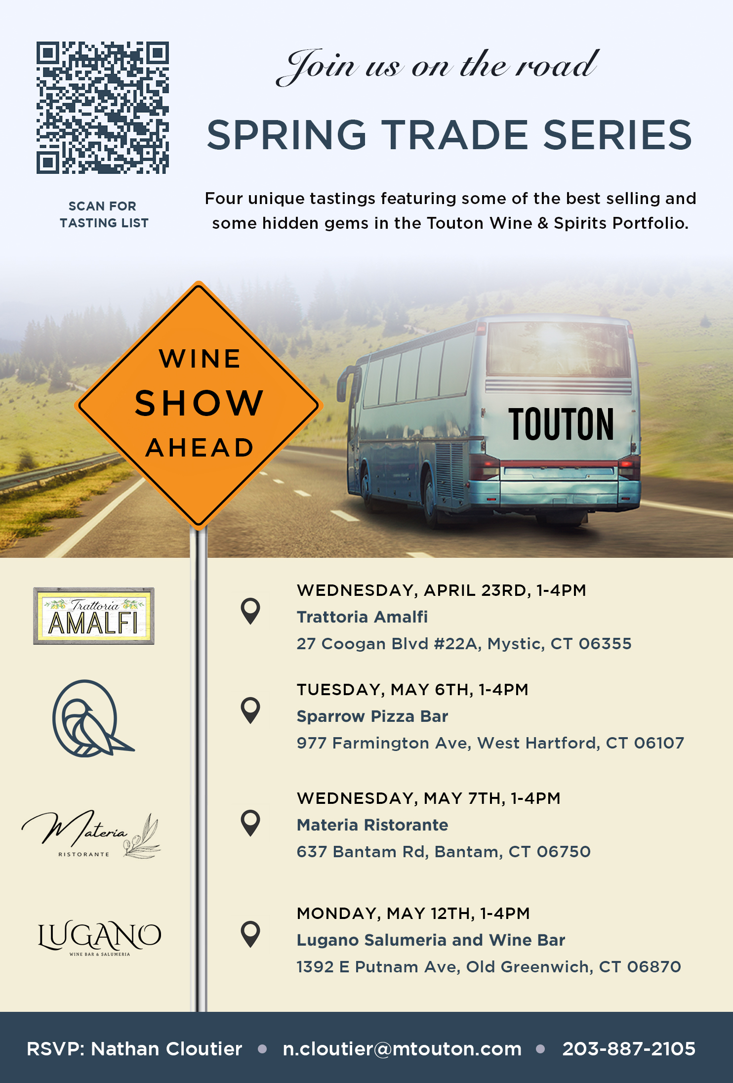 April 23-May 12, 2025: Monsieur Touton Spring Trade Tastings (Multiple Dates)