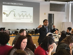 Bacardi’s David Cid lectured on the production of rum to a full house of UNH students.