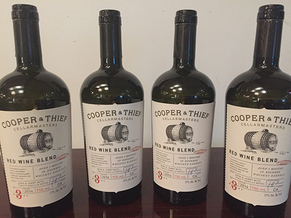Cooper & Thief Red Wine Blend is aged for three months in bourbon barrels for a “dark and jammy” red wine “loaded with bourbon-inspired flavors and aromas.”