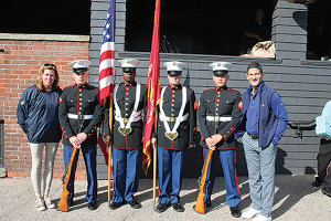 From the 2015 charity golf outing: Sue Boulhosa, Executive Director, Marine Corps Law Enforcement Foundation; Lance Cpl. Michael Schebell; Sgt. Mario Williams; Sgt. Matthew Smith; Cpl. Thomas Hecht; Gene Sepe, CEO and President, Brescome Barton.