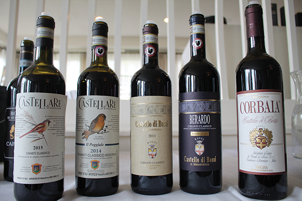 Italy’s Castellare Chianti Classico DOCG 2015, Castellare Chianti Classico Riserva DOCG 2014, Castello di Bossi Chianti Classico DOCG 2013, Castello di Bossi Chianti Classico Riserva Berardo 2011 and Corbaia Toscana 2010.