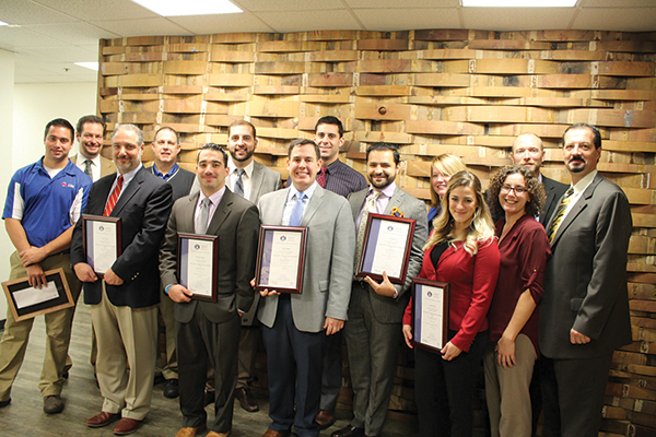 The following CDI staff were recently recognized and awarded certificates for passing the WSET training. Back row: Michael Copeland, Certified WSET Instructor; Robert Atwood; Andrew Osolin; Scott Horwitz; Corrissa Wilson; Kevin Mahon; Tony Persechino, Certified WSET Instructor. Front Row: Dominic Marandino; Pete Masi; Jonathan Figliola; Paul Puhalla; Luis Suarez; Carrie Finley; Amanda Doll, Certified WSET Instructor. Not pictured, but also WSET Certified: Elizabeth Galins, Curtis Kusari and Stephanie Lamison.