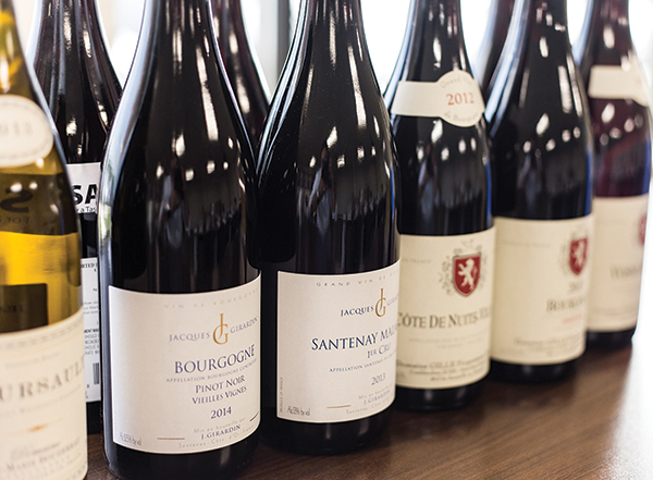 A lineup of Michael Corso selections: Jacques Girardin Bourgogne Pinot Noir, Jacques Girardin Santenay 1er Cru Clos Rousseau; Domaine Gilles Cote de Nuit–Village; Domaine Gilles Bourgogne Pinot Noir; and Domaine Gille Vosne Romanee.