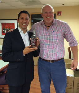 Rick Tapia, La Bodega Internacional (LBI) and J.R. Revelry Brand Representative and John Slocum, Executive Vice President & General Manager at the J.R. Revelry launch at a September sales meeting at Slocum & Sons. Based in Atlanta, LBI produces specialty, handcrafted, premium spirits, including J.R. Revelry Bourbon Whiskey. 