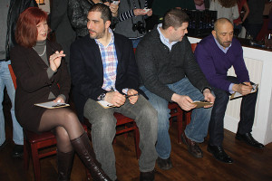 Judges Rowena White, Sales Manager, Special Events, Connoisseur Media; Carl Carrion, Culinary Director of the Skal Restaurant Group; Adam Zengou, Bartender at Brennan's Shebeen and Bartender of the Year in 2012 for Fairfield County by Advocate poll; David Brogan, Master Mixologist, TV Personality and owner of "Signature David." 