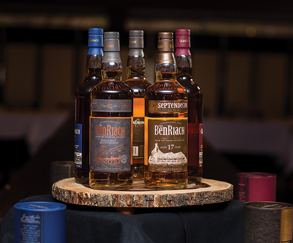 BenRiach brands on display. BenRiach Distillery has been producing premium quality single malt Scotch whisky since 1898.
