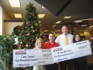 Shown from the check presentation are McKinley Albert, Camp Courant; Seth Goldstein, Maximum Beverage; Josh Reese, Camp Courant and Suzanne Oslander, Town That Cares.