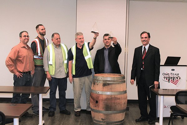 Jon Pinto, Driver Check-In Manager, CDI; Matt Rahrig, Night Warehouse Supervisor, CDI; Eddie Vaquero, Night Warehouse Supervisor, CDI; Jack Connell, Night Warehouse Manager, CDI; Joe Luciana, Director of Operations, CDI; and John Hild, East Region Vice President of Operations, Breakthru Beverage.