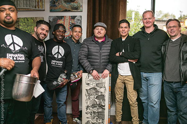Juan Reyas, Executive Chef and Owner, Mezon Tapas Bar and Restaurant; Justin Noel, Brand Ambassador, Espolon, surrounded by competitors, along with winner (fifth from left) Roger Gross of Highland Brass Company with Christtian Quezada, Judge; Gary Dritschler, Market Manager, Campari USA; and Anthony DeSerio, Judge.