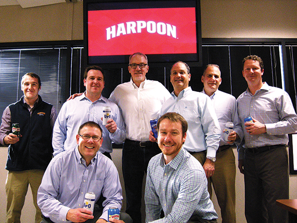 First row: Dennis Fitzgibbons, Vice President of Sales, Harpoon; Andrew Lieffers, Brewery Representative, Harpoon. Second row: Will Clune, Brewery Representative, Harpoon; Ryan Broz, General Manager, Wayne Div., HBC; Dan Kenary, CEO and Co-Founder, Harpoon; Gregg Quadrini, President Beer CBU, HBC; Tom Brayer, Executive Vice President of Sales, Harpoon; and Mike Fraioli, Regional Sales Manager, Harpoon.