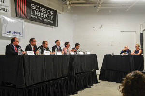 Gubernatorial candidates Ken Block, Allan Fung, Todd Giroux, Clay Pell, Gina Raimondo, Angel Taveras with moderators David Dadekian and Jessica Wood.